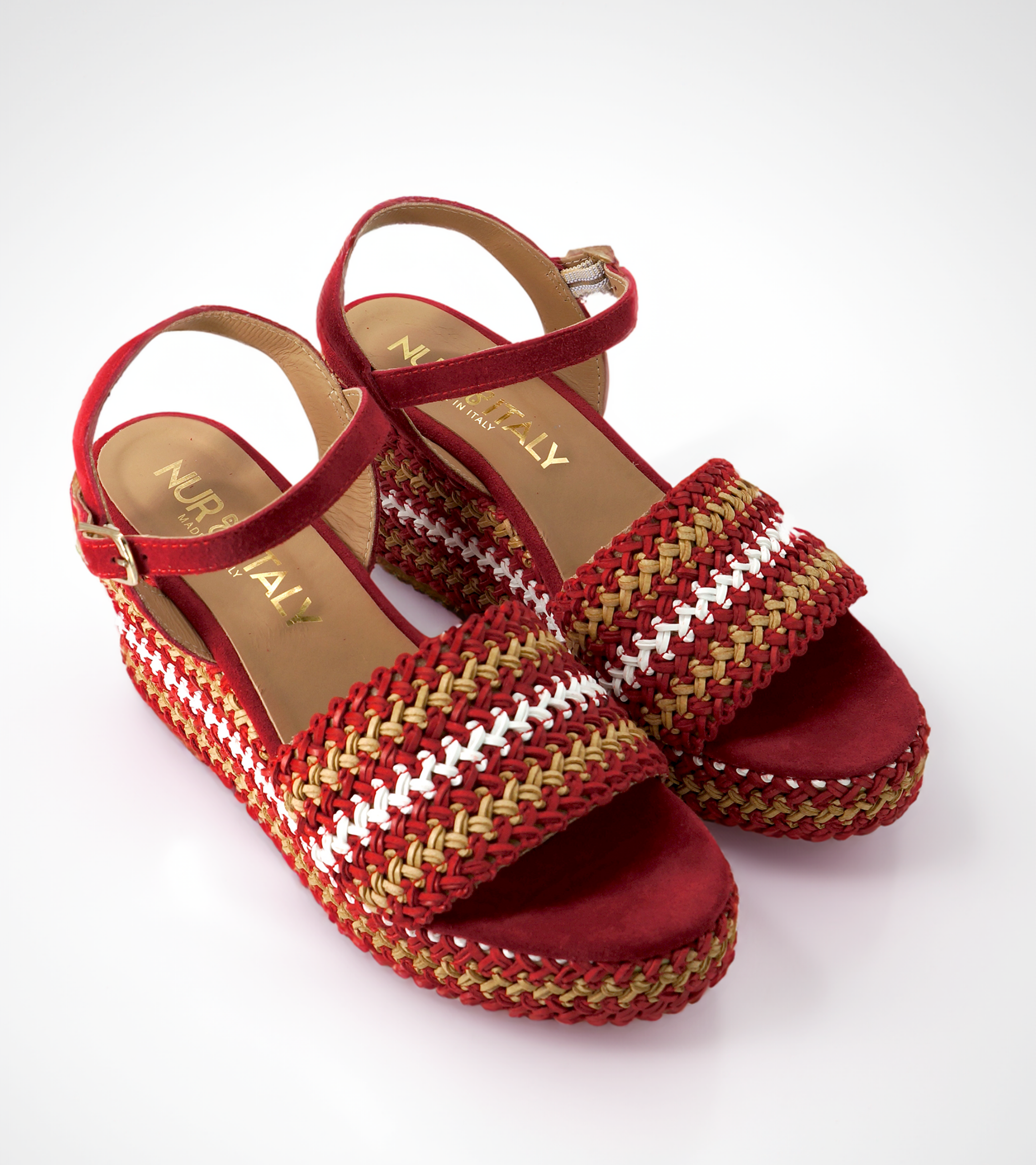 NUR ITALY Chiara Raffia Wedge Sandal, Main, color, RED