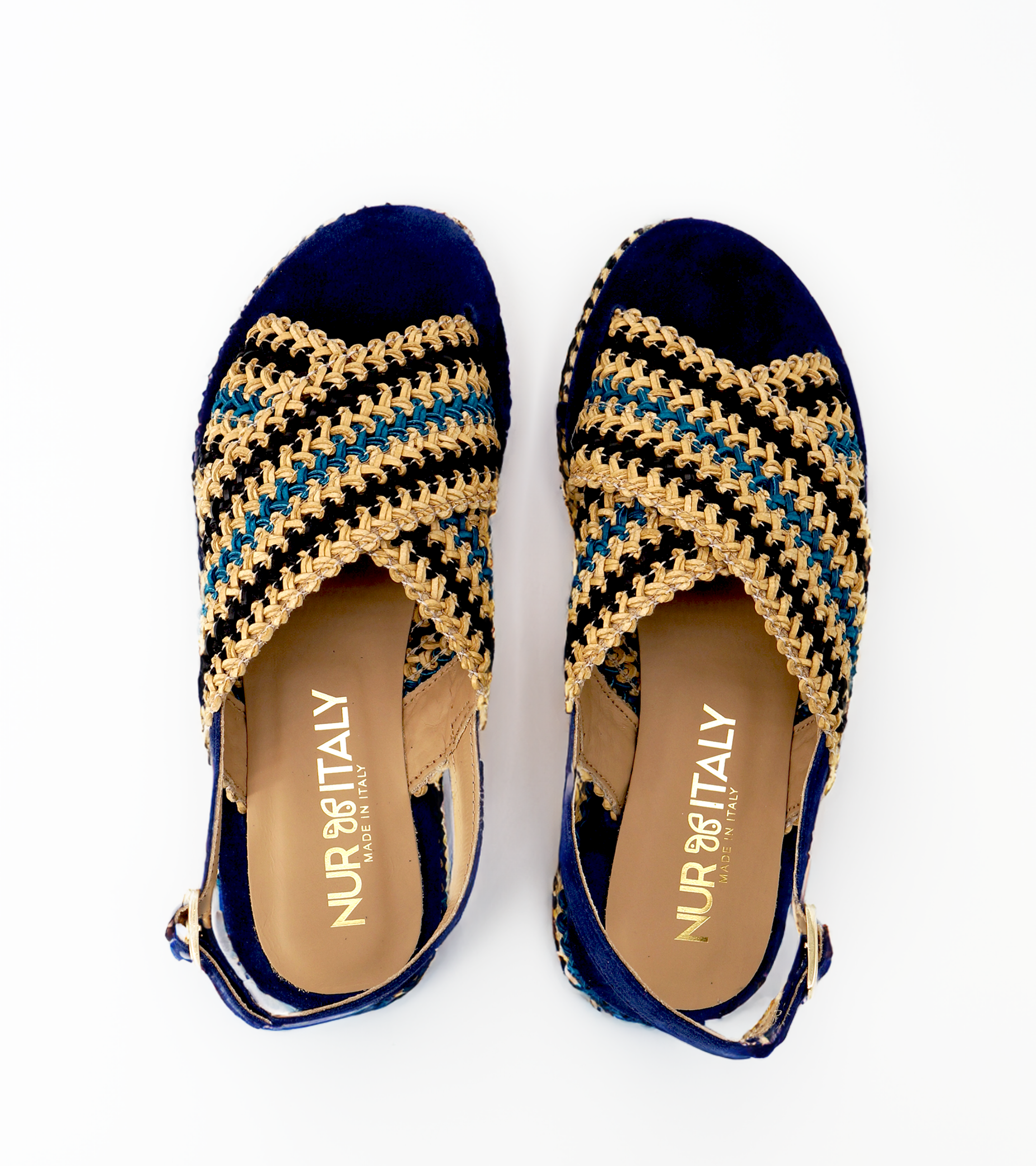 NUR ITALY Raffia flatform, colors, NAVY, NATURAL, CYAN