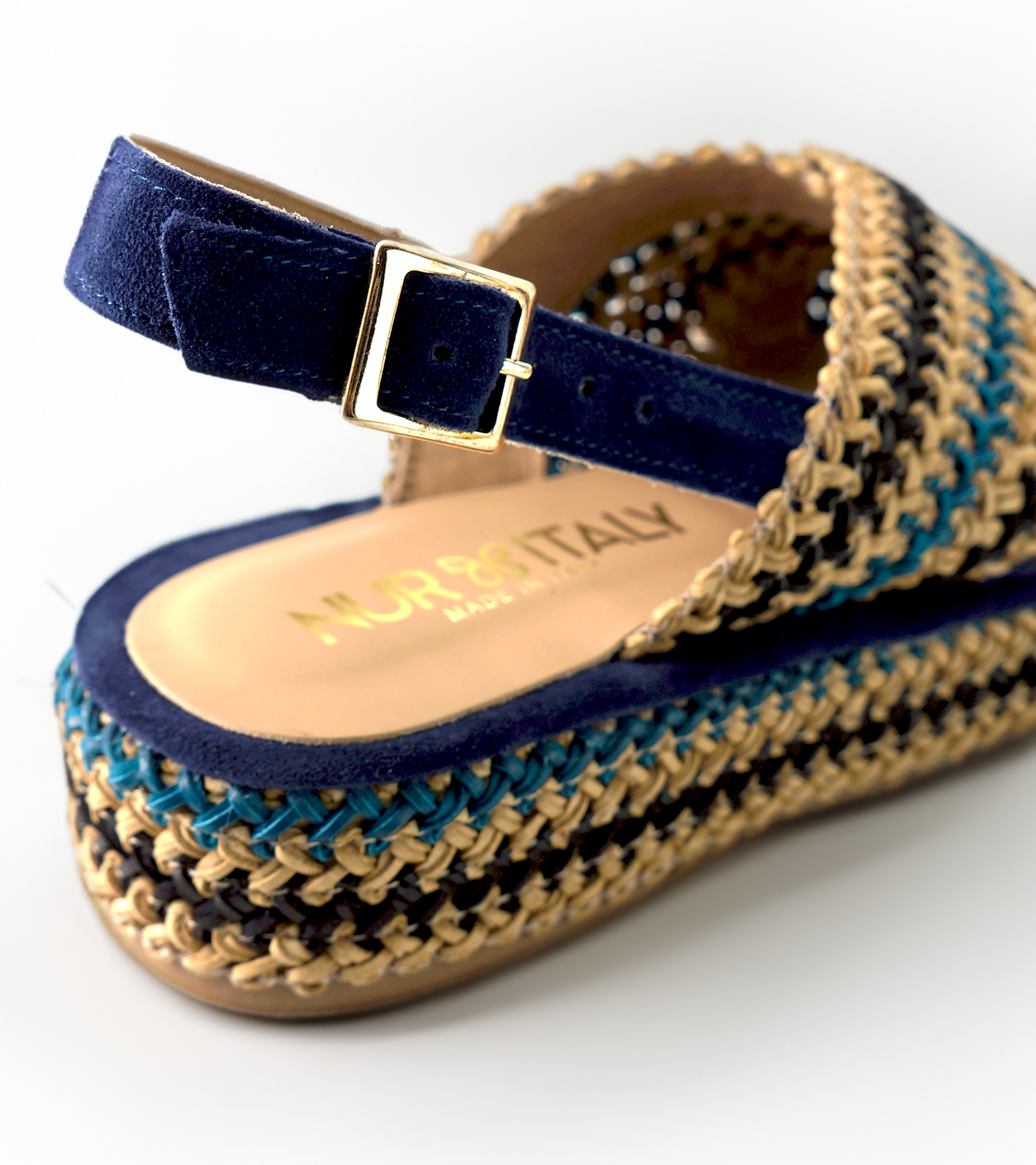 NUR ITALY Raffia flatform, colors, NAVY, NATURAL, CYAN